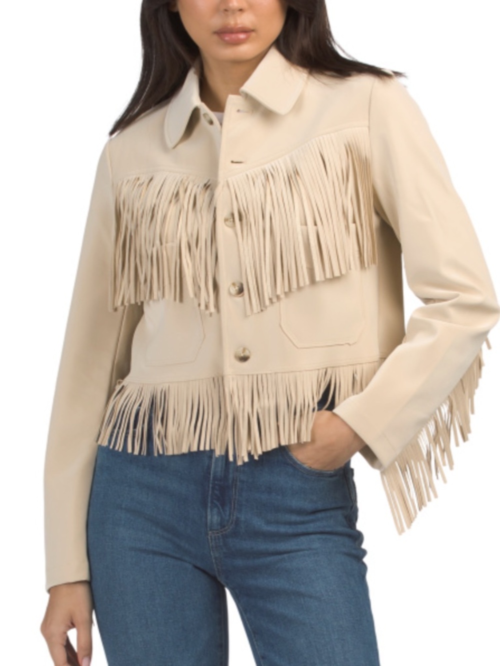 JASON WU Faux Leather Beige Jacket With Fringe Trim Small